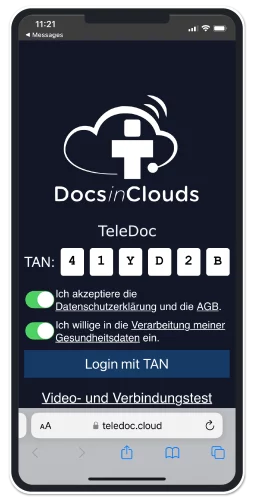 TeleDoc-App auf einem Smartphone mit TAN-Eingabefenster für die Videosprechstunde