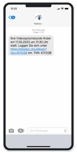 SMS-Einladung vom TeleDoc-System: Datum, Uhrzeit, Link und TAN für die Videosprechstunde.
